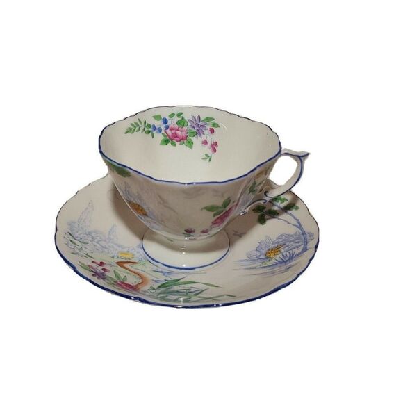 HAMMERSLEY TEA CUP AND SAUCER SET Country Cabin Scene Vintage Blue Trim Floral - Picture 1 of 9